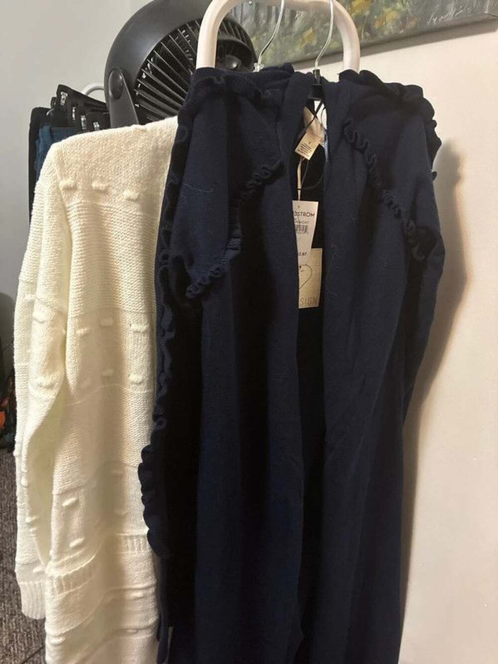 Set of 2 long cardigan sweaters sz small nwt by design cream open navy ruffles